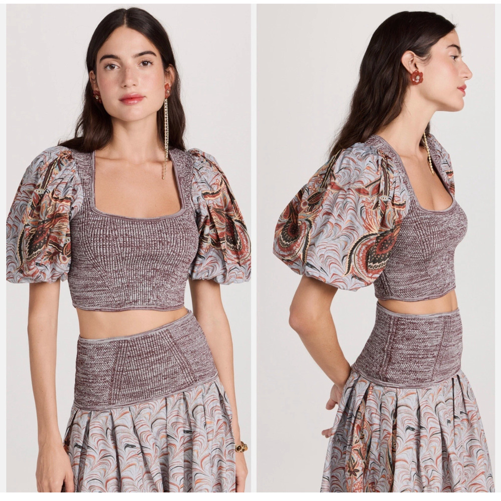 Ulla Johnson Iva Puff Sleeve Knit Crop Top Chalcedony Runway Boho Sz 0 Festival